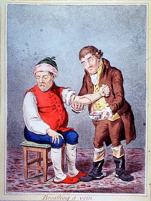 Breathing a Vein medical illustration by James Gilray 1804