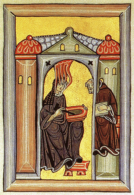 Hildegard von Bingen receiving vision and dictating to teacher Volmar