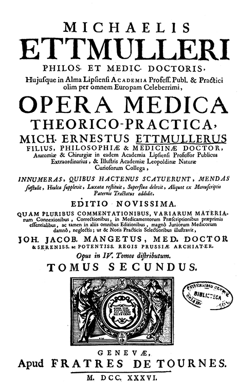 Michael Ettmüller's Opera Medica frontispiece with physicians