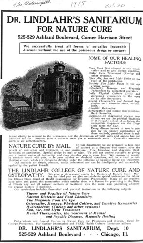 Dr Lindlahrs Sanitarium for Nature Cure advertisement from Naturopath 1915