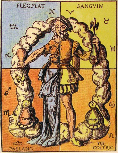 The Four Humors: Flegmat (phlegm), Sanguin (blood), Coleric (yellow bile) and Melanc (black bile), divided between the male and female sexes. 16th-century German illustration. (Colorized.)
