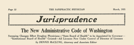 Sanipractic Physician March 1921 Washington law regulations